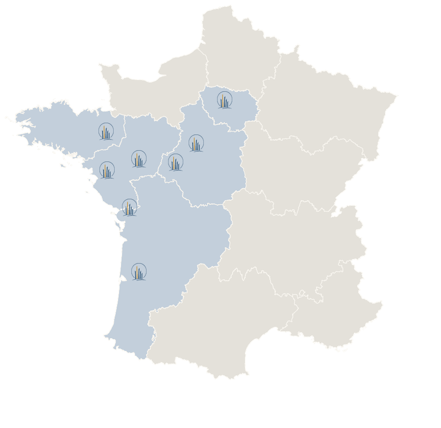Carte des régions d'implantation de REED : Bretagne, Pays de la Loire, Nouvelle-Aquitaine, Centre-Val de Loire et Île-de-France